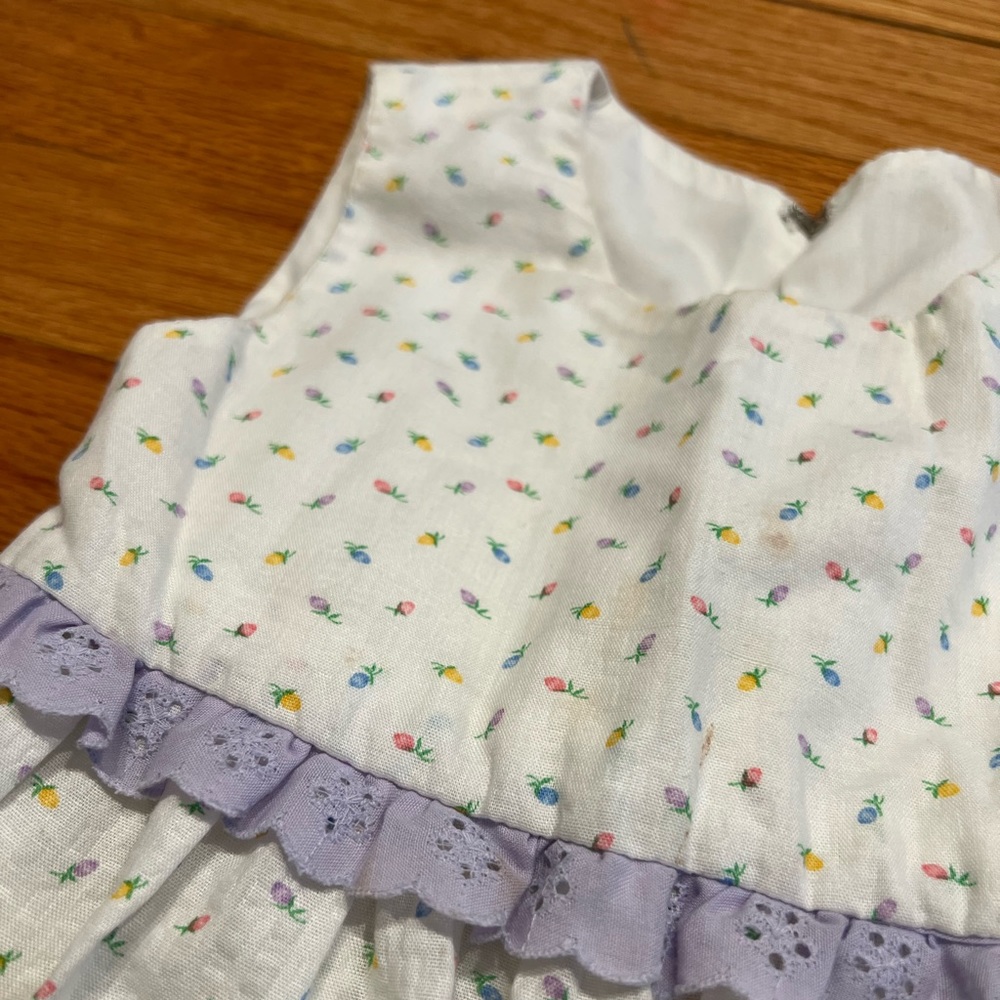 Vintage Unbranded Purple, Pink, Blue and Yellow Flower Print Sundress w/ Lace - Picture 2 of 10